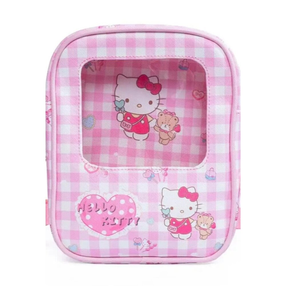 Hello Kitty Crossbody Bag Cute Checkered Pink Kawaii Purse with Clear Font, New